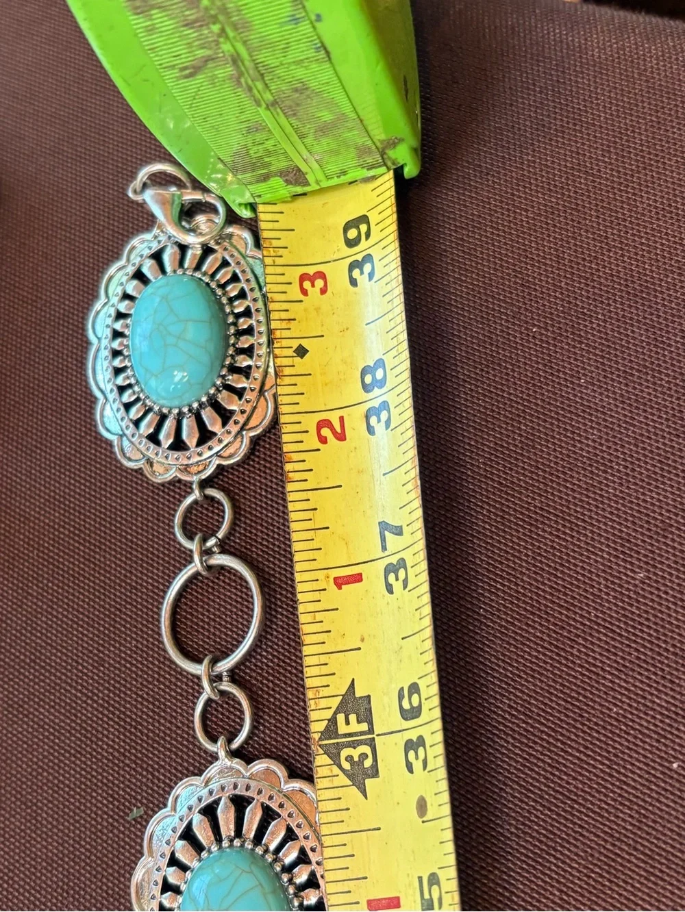 White Leather Western Belt with Turquoise Concho Chain Belt - Picture 6 of 6